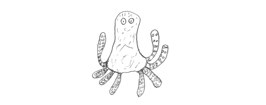 A scribbly drawing of an octopus that is smiling.