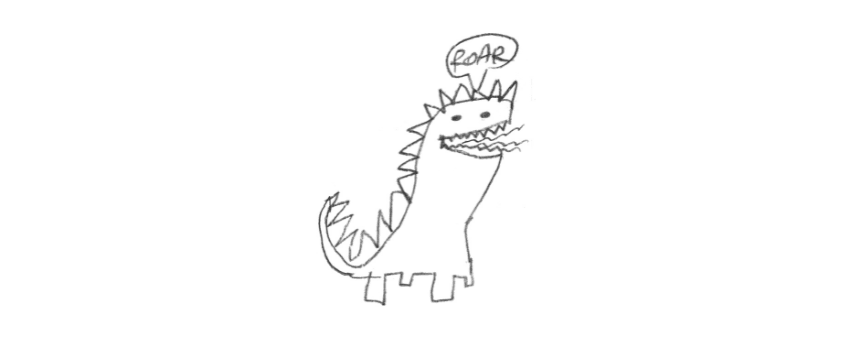 A scribbly drawing of a dinosaur with a speech bubble above it saying "Roar".
