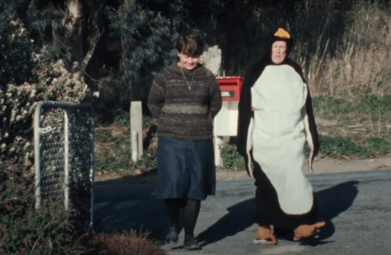 Two women walking down a rural street, the one on the right is dressed as a penguin