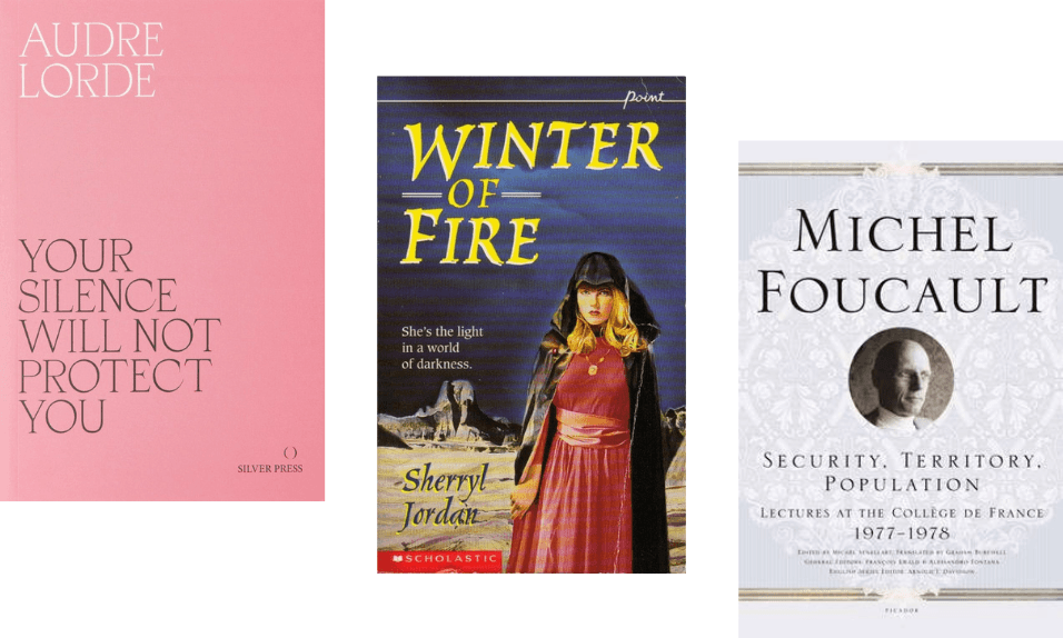 Three book covers descending. 