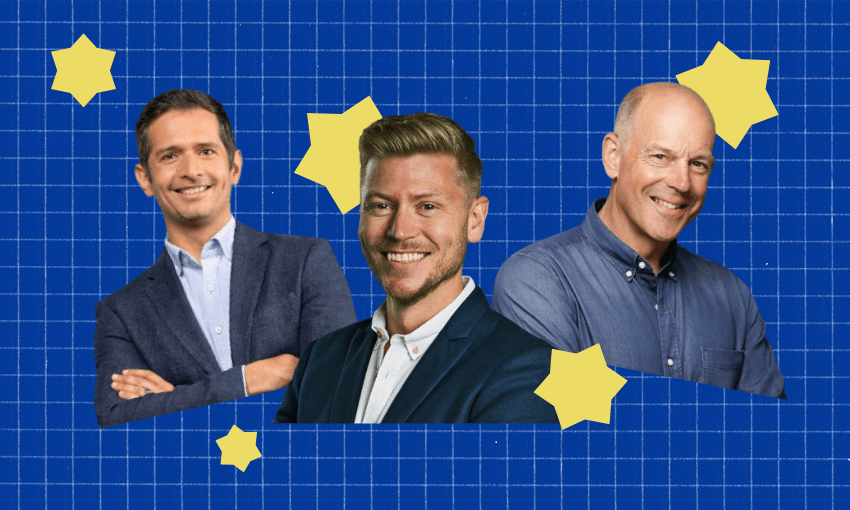 A photo of three male TV presenters Tom Webster, Matt Gibb and Phil Spencer, who are smiling at the camera