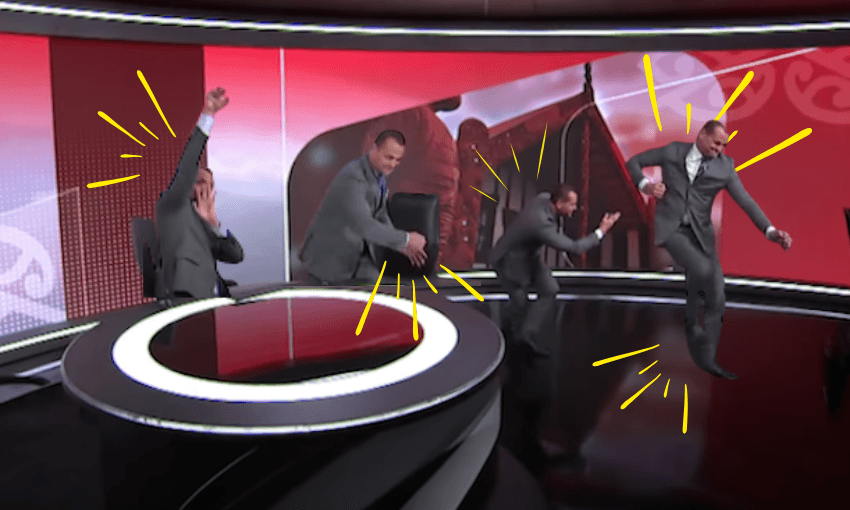 A collage of Scotty Morrison moving through the Te Karere news studio