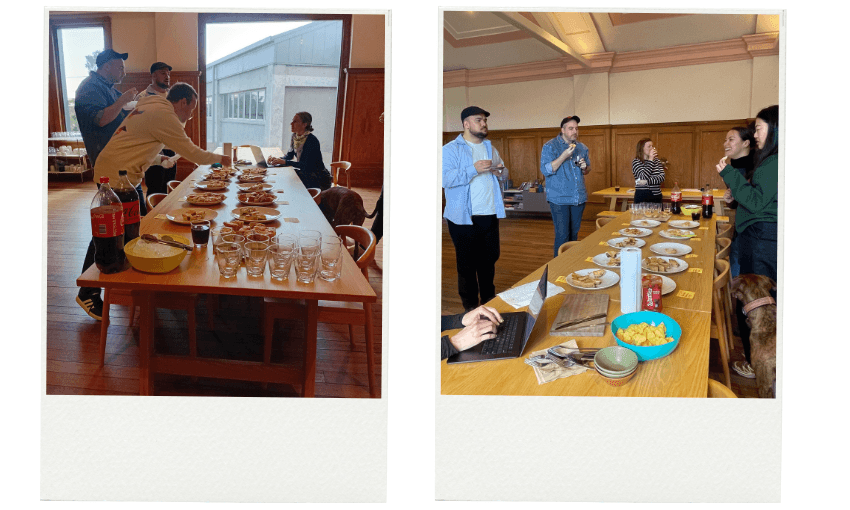 Two photos of people gathered around tables filled with various dishes, drinks, and snacks in a wooden-paneled room, engaging in conversation and preparing to eat together.