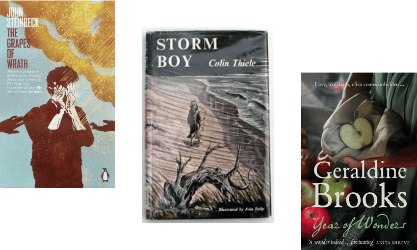 Three book covers descending. 