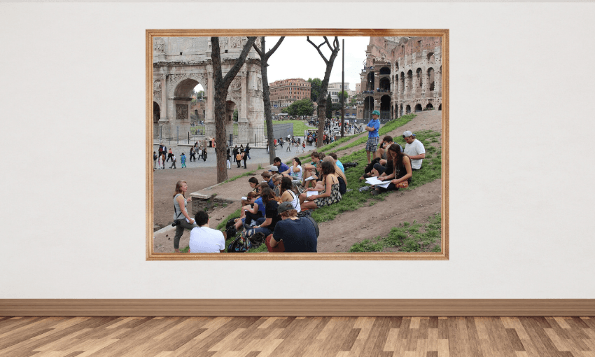 Carla Poulton teaching a group of students at the Arch of Constantine in Rome (Photo: Supplied; design by The Spinoff) 
