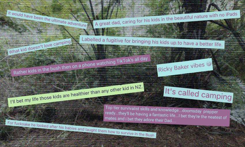 The bush site where Phillips had been hiding with his children, overlaid with online comments supporting him (Photo: Getty Images; additional design The Spinoff) 
