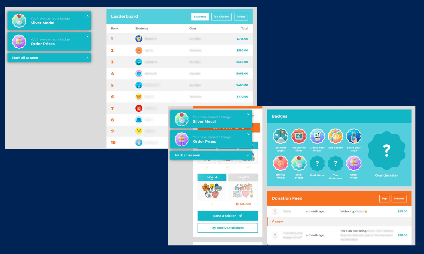 A digital platform displays a leaderboard, notification pop-ups for earning badges, various achievement badges, and a donation feed, all within a colorful, user-friendly interface.
