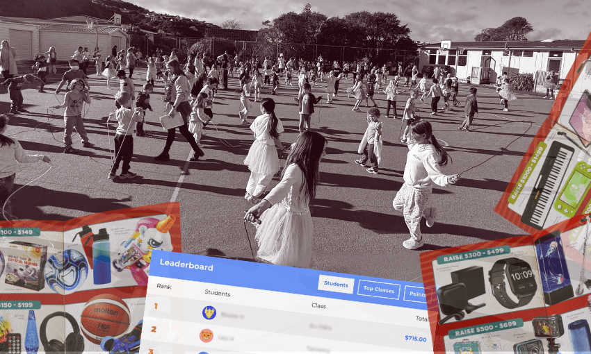 Children jump rope in a schoolyard while incentive prizes, including electronics and toys, and a fundraising leaderboard with student names and amounts raised are overlaid on the image.