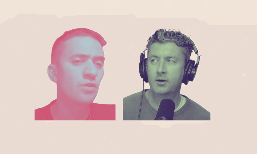 Two men are shown in colored overlays; the one on the left is tinted pink and looking slightly to the side, while the one on the right is tinted green, wearing headphones, and speaking into a microphone.