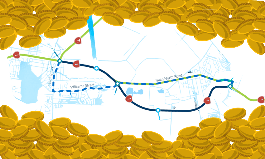 A transit map with a blue route, stops, and street names, bordered by illustrated gold coins at the top and bottom edges of the image.