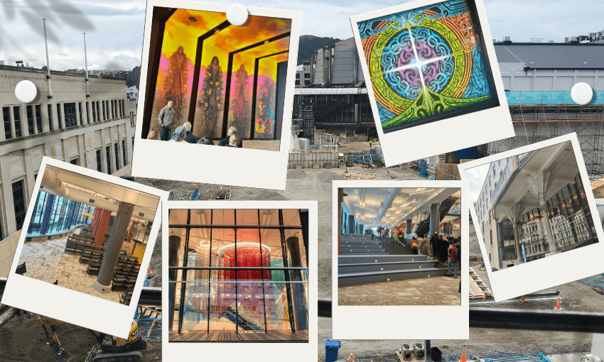 A construction site is overlaid with six polaroid-style photos, each showing vibrant murals and colorful indoor scenes featuring public art, modern architecture, and people observing or walking through the spaces.