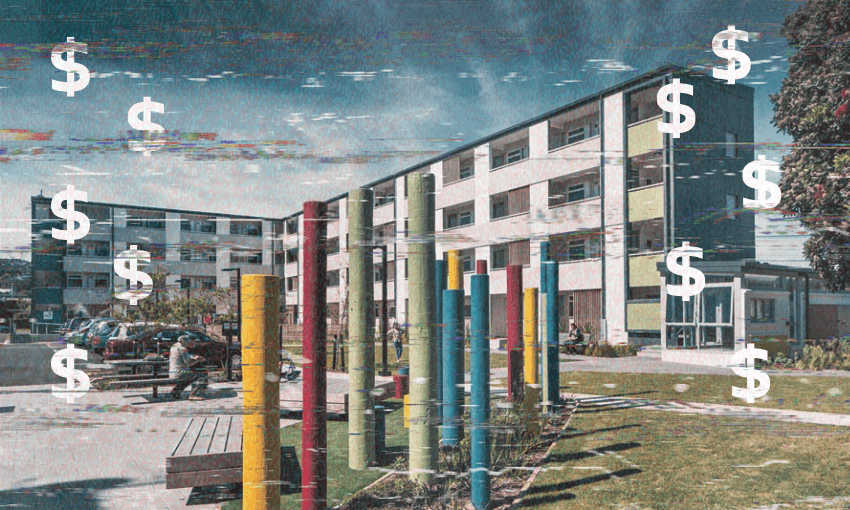 A modern school building with colorful poles in the foreground, benches, people sitting, and large white dollar signs overlaid on the image. The photo has a glitch effect and a partly cloudy sky.