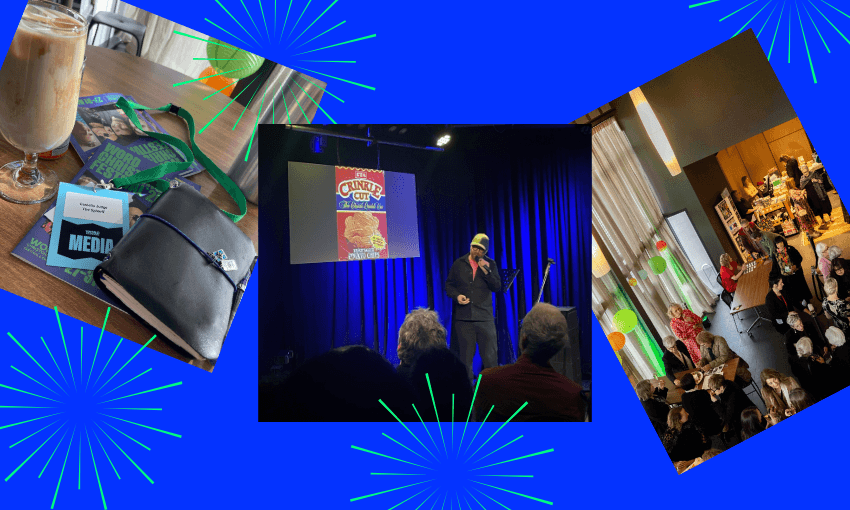 A blue background with three photos overlaid of various scenes: one shows coffee, a lanyard and a notebook; the other shows a stage with a screen and speaker; and the final photo is of a crowd scene shot from above.