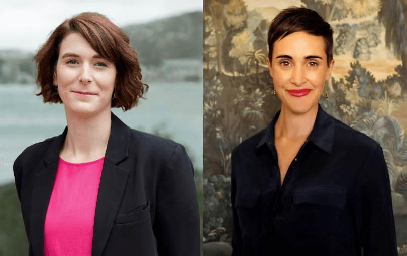 Two women are pictured side by side. The woman on the left has wavy brown hair, wears a black blazer over a bright pink top, and stands outdoors. The woman on the right has short dark hair, a navy shirt, and stands indoors against a patterned background.