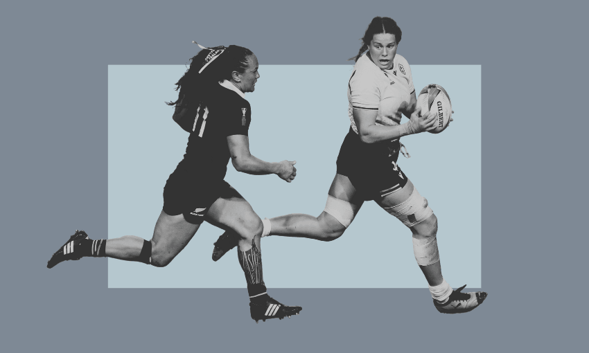 The Black Ferns’ Portia Woodman-Wickliffe and Canada’s Sophie de Goede (Photo: Alex Davidson – World Rugby/World Rugby via Getty Images; Design: The Spinoff) 
