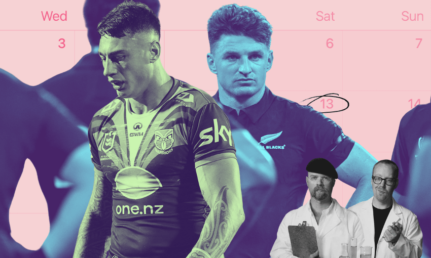 Rugby players look serious in front of a pink calendar with Saturday the 13th circled; two men in lab coats, resembling TV science hosts, appear in the lower right corner, holding a clipboard and beaker.