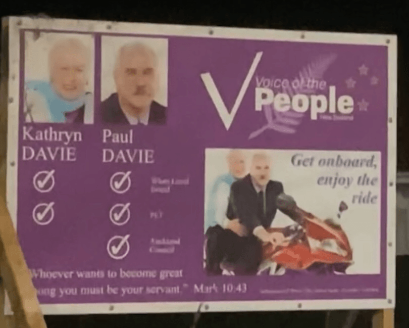 A purple campaign sign for "Voice of the People" featuring photos of Kathryn Davie and Paul Davie. The sign lists campaign points and includes the slogan "Get onboard, enjoy the ride" with an image of them on a scooter.