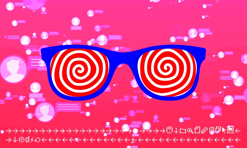 A graphic of blue sunglasses with red and white hypnotic spirals in the lenses on a pink background with digital icons, chat bubbles, and cryptic symbols along the bottom.