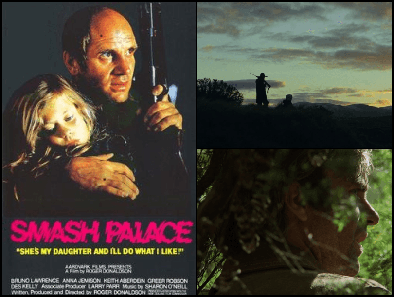A movie poster for "Smash Palace" shows a man holding a young girl, with two film stills: one of two figures silhouetted against a sunset, and one of a man’s face partly hidden by branches.