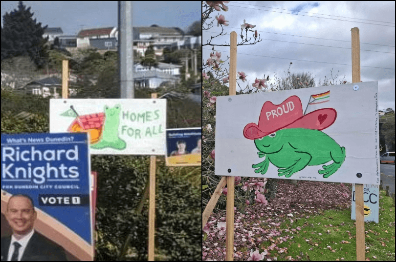 Two signs feature green cartoon frogs: one with text reading "HOMES FOR ALL," and the other wearing a red cowboy hat labeled "PROUD" with a rainbow flag and heart. Political campaign sign visible on the left.