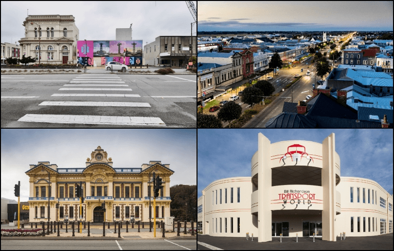 A collage of four images: a historic building with pink banners, an aerial view of a town at dusk, an ornate yellow building with columns, and a white circular stadium labeled “Transport World.”.