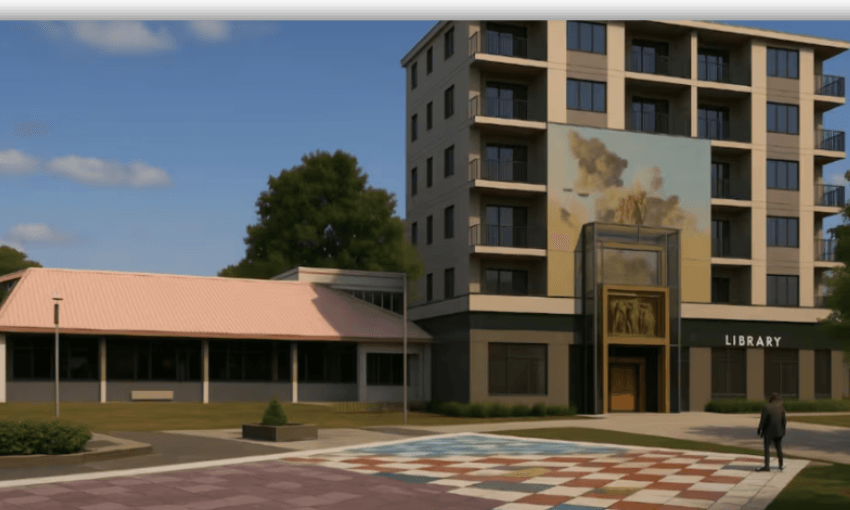 An AI drawing of an apartment building connected to a low-roofed single-storey building