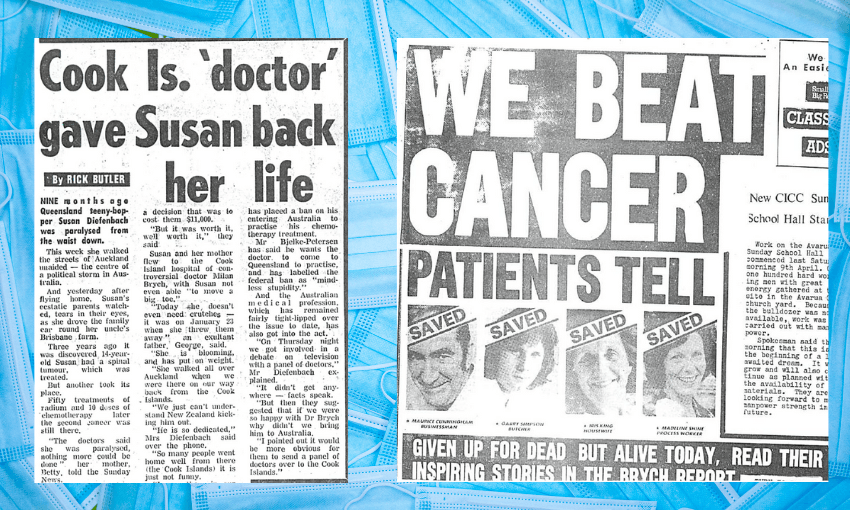 headlines from old newspapers proclaiming miracle cures and "we beat cancer"