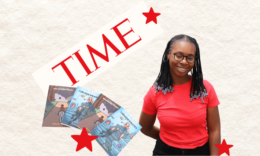 Image of a young black woman with the Time Magazine logo and an image of four novels.