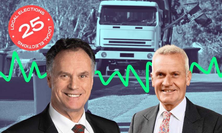 a rubbish truck with the faces of Andrew Simms and Jules Radich