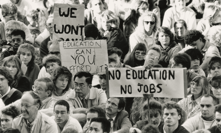University of Canterbury students protest rising tertiary fees in 1989 (Photo courtesy of Allied Press)
