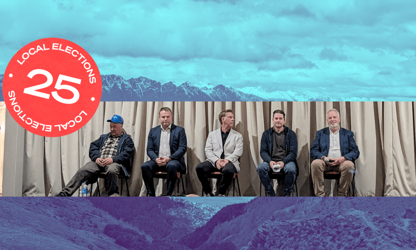 a blue tinted photo of queenstown then four white men in degrees of smart casual sidding in front of a curtain