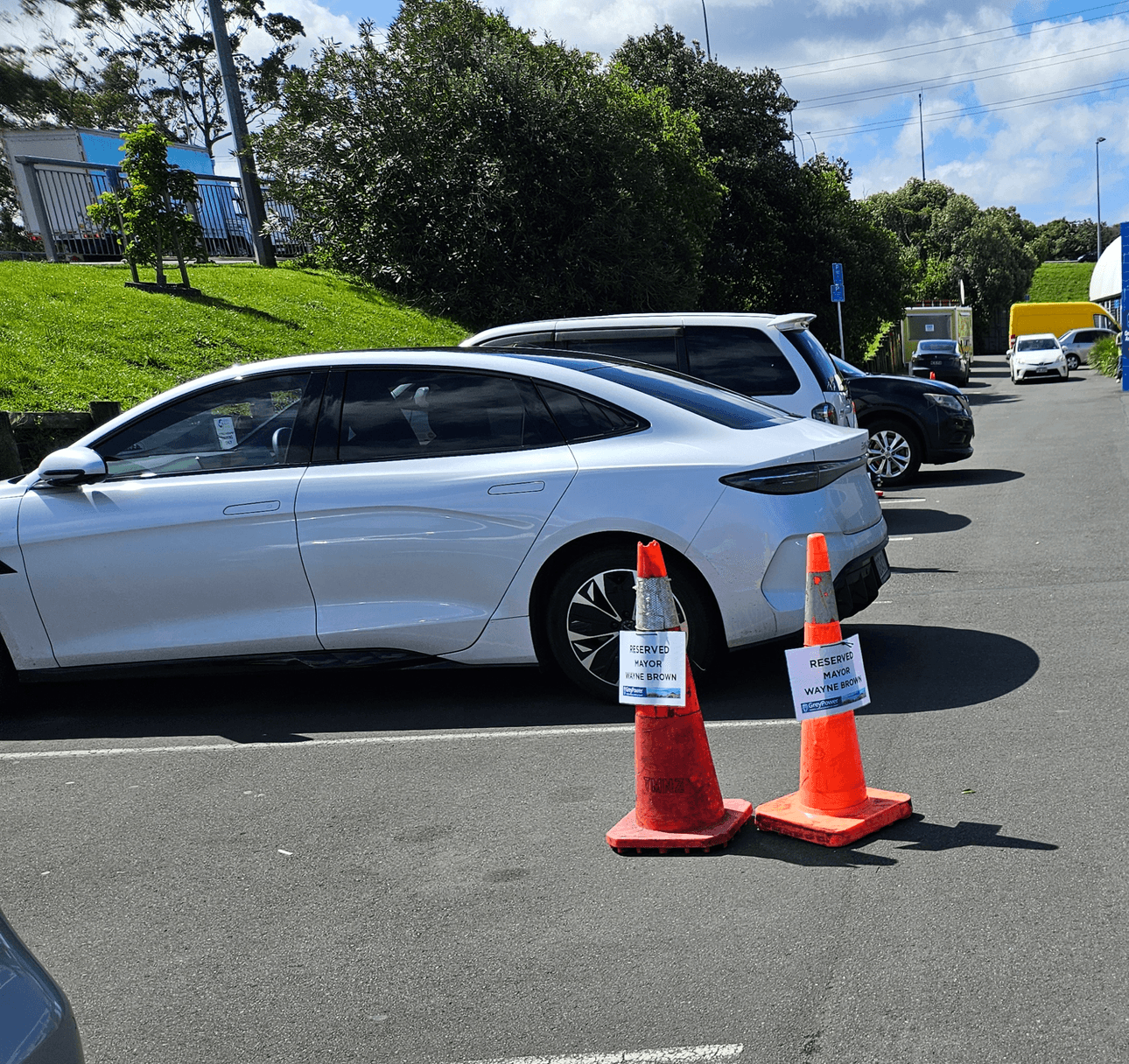 Road cones marking Wayne Brown's carpark.