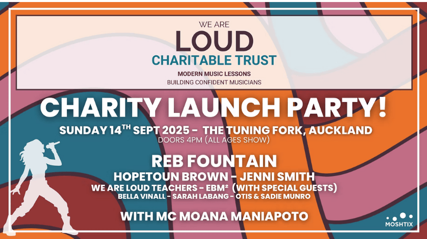 A promotional poster for a charity concert: with pink, orange and green-blue swirls and a silhouette of a woman singing into a microphone.
