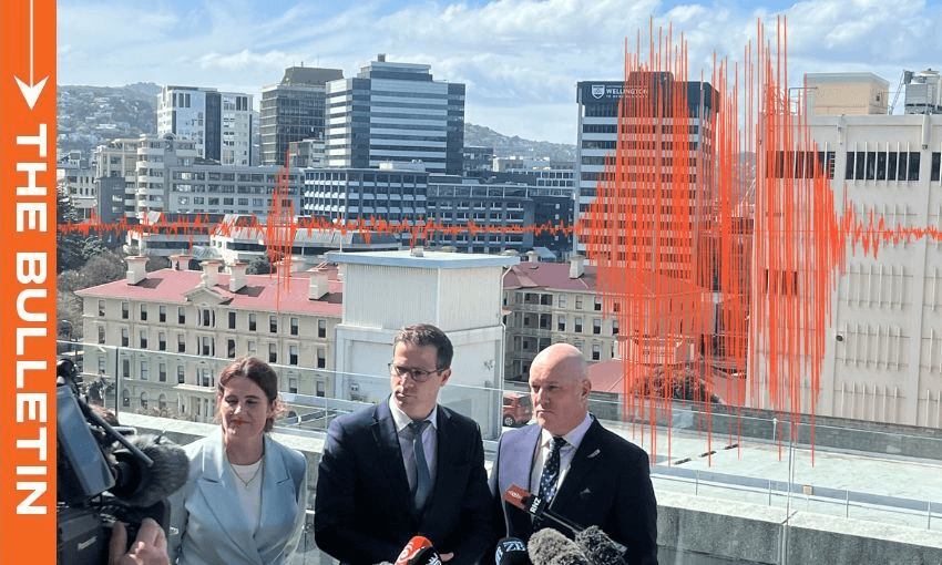 Nicola Willis, Chris Penk and Christopher Luxon stand together on a rooftop overlooking Wellington City.