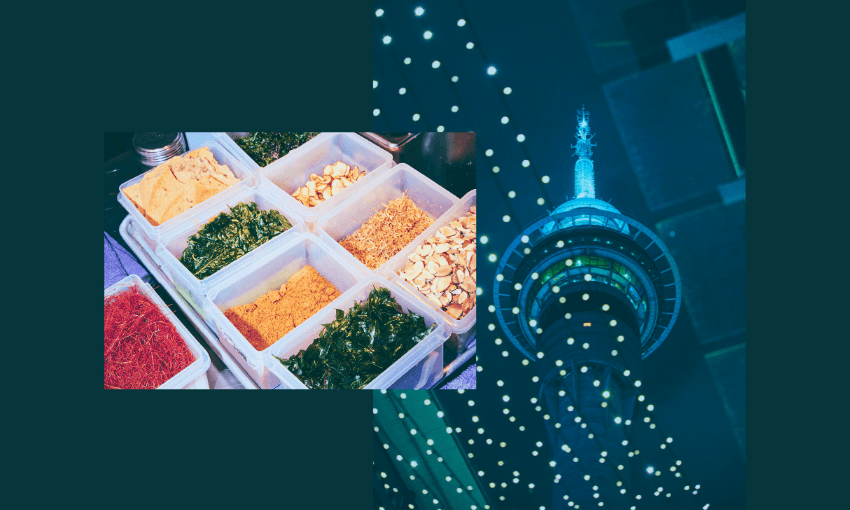 An arrangement of containers filled with colorful spices overlaps with a modern cityscape featuring a tower illuminated by lights at night.