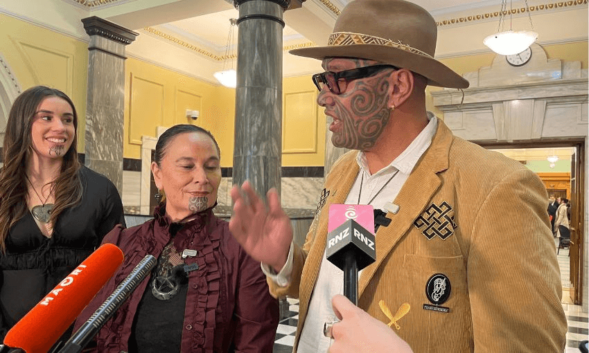 Debbie Ngarewa-Packer and Rawiri Waititi speak to a row of microphones in parliament.