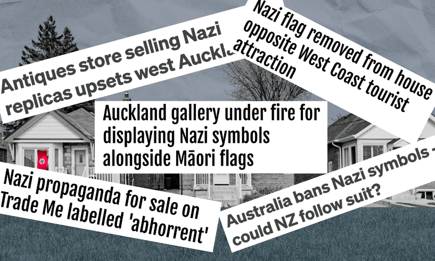 A collage of headlines about Nazi memorabilia outrage in front of a neighbourhood background 