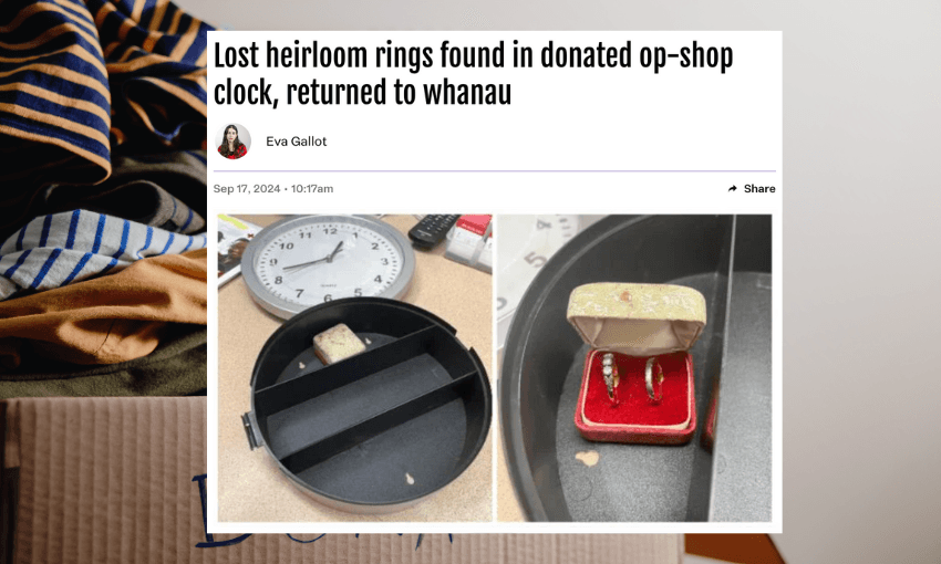 A screenshot of a Stuff article about heirloom rings on top of a charity shop background