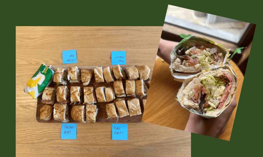 A wooden table displays three types of sliced sandwiches labeled "ITALIAN BMT," "ROAST BEEF," and "THE MONSTER." An inset photo shows a close-up of a hand holding a cross-section of a loaded sandwich.