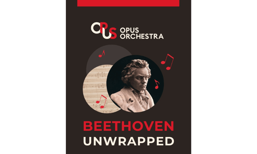 A promotional image for Beethoven Unwrapped, an orchestral performance. It shows a bust of Beethoven. 