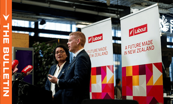 Chris Hipkins and Barbara Edmonds announce the NZ Future Fund policy at GridAKL, October 20, 2025. (Photo: Dean Purcell/New Zealand Herald via Getty Images) 
