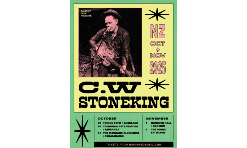 A promotional poster for a tour by the singer C.W. Stoneking. The poster is green and yellow with a photo of the singer at a microphone with a guitar. 