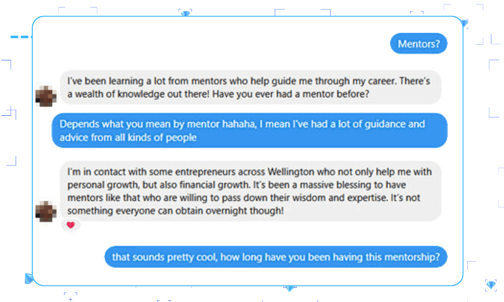 a text conversation with blue and grey text bubbles showing someone describing a mentorship and business opportunities to a curious stranger