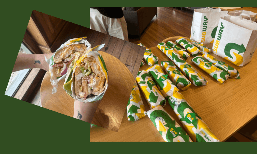 Two images: One shows hands holding a halved, overstuffed Subway wrap with visible meat, veggies, and sauce. The other shows a table full of wrapped Subway sandwiches and bags.