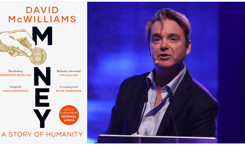 The cover of a book called Money; and its author. The author is a middle aged man in a suit.