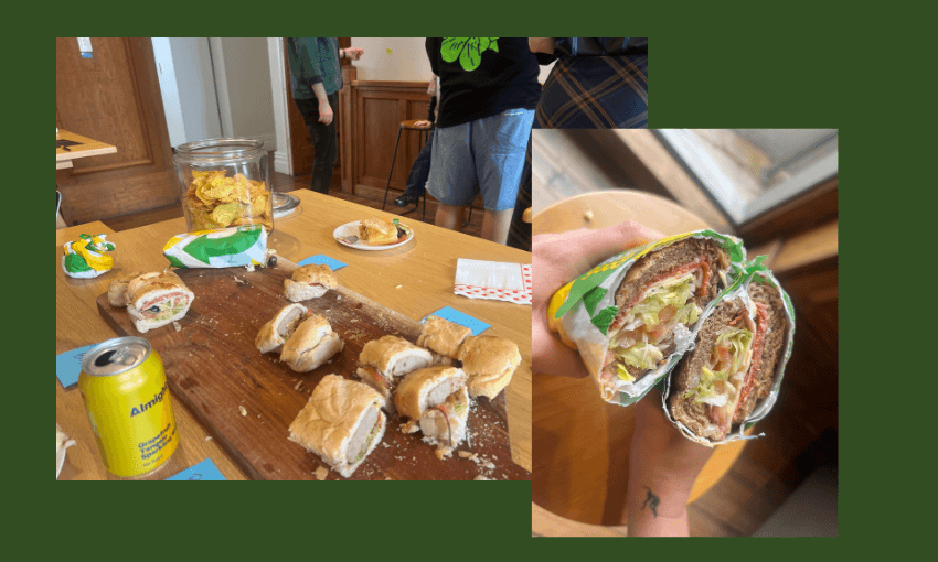 A table with sub sandwiches cut into pieces, a can of soda, chips, and people in the background. A close-up shows a hand holding two halves of a sandwich with lettuce, tomato, and deli meat.