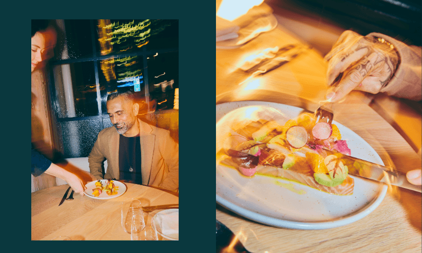A man sits at a restaurant table smiling as a server places a colorful dish in front of him; the second image shows a close-up of hands cutting into a vibrant, artistically plated meal.