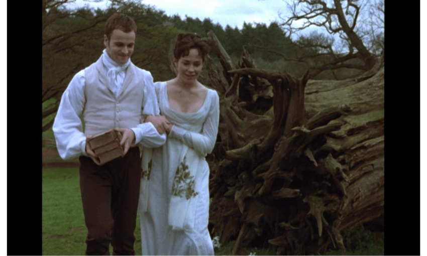 A still from the film Mansfield Park, showing Fanny Price married to her cousin Edmund.