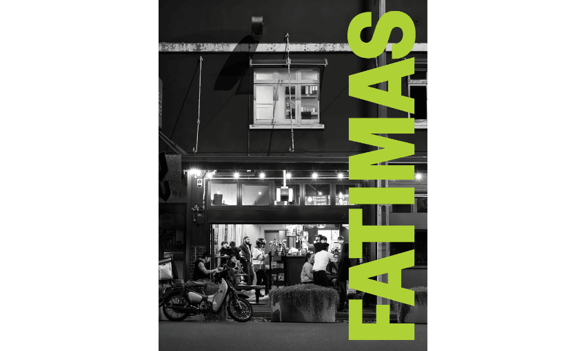 The cover of the Fatimas cookbook which has 'Fatimas' in bold green font running down the right edge. There is a black and white photo of the restaurant behind it.