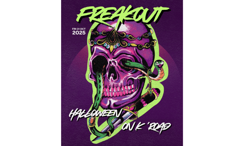 A poster for Freakout which features a purple skull with lime green highlights.